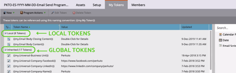 An example of local and global Marketo tokens. 